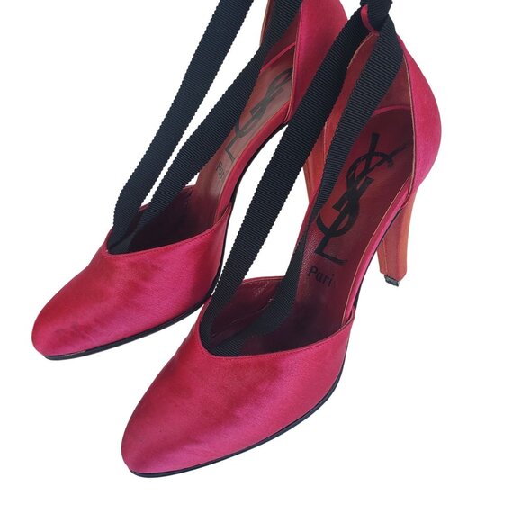 Vintage YSL Paris Silk Pumps 80s Yves San Laurent Strappy Heels 5 1/2 M - Picture 12 of 15